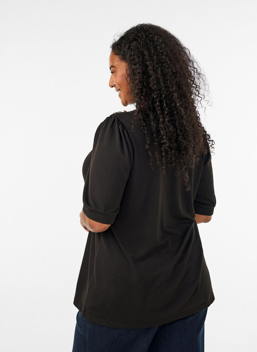 Bluse med knapdetalje og korte puf&aelig;rmer, Sort, Model image number 2