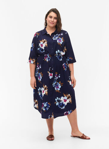 FLASH - Skjortekjole med blomsterprint, Big Blue Flower, Model image number 0