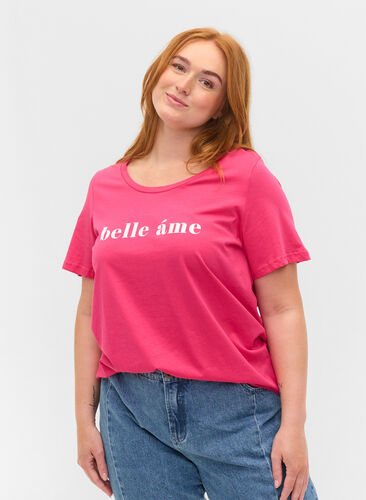 Kortærmet bomulds t-shirt med tekstprint, Fandango Pink, Model image number 0