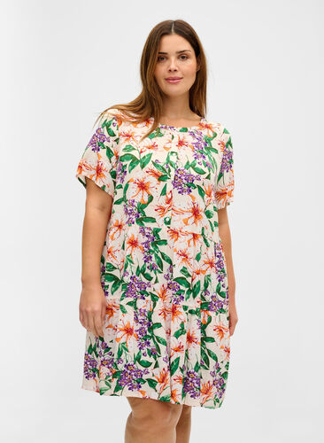 Kortærmet viskose kjole med a-form, Tropic AOP, Model image number 0