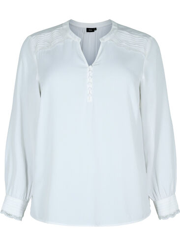 Langærmet bluse med v-udskæring, Bright White, Packshot image number 0