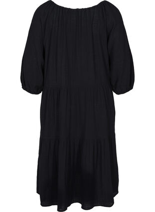 Bomulds kjole med 3/4 ærmer og bindedetalje, Black, Packshot image number 1