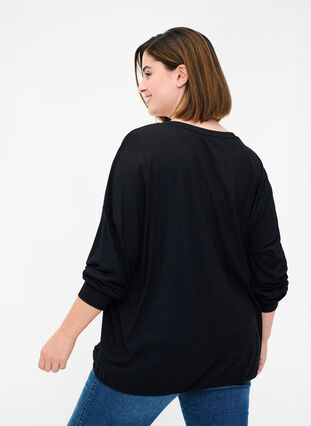 Bluse med snøre i ribkvalitet, Black, Model image number 1