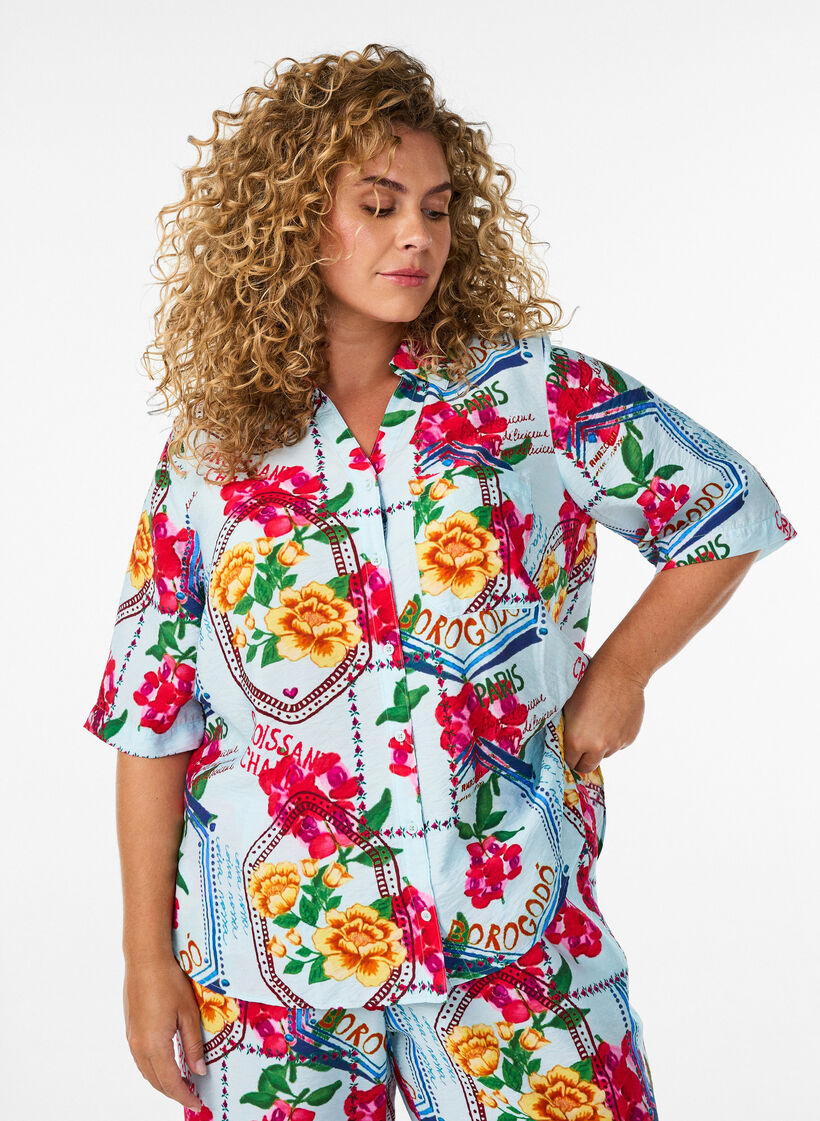 Skjortebluse med albuelange &aelig;rmer og farverigt print, Bl&aring;, Model image number 0
