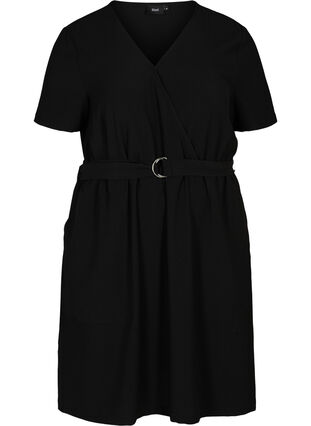 Kortærmet kjole med v-udskæring, Black, Packshot image number 0
