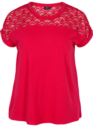 Kortærmet bomulds t-shirt med blonder, Tango Red, Packshot image number 0