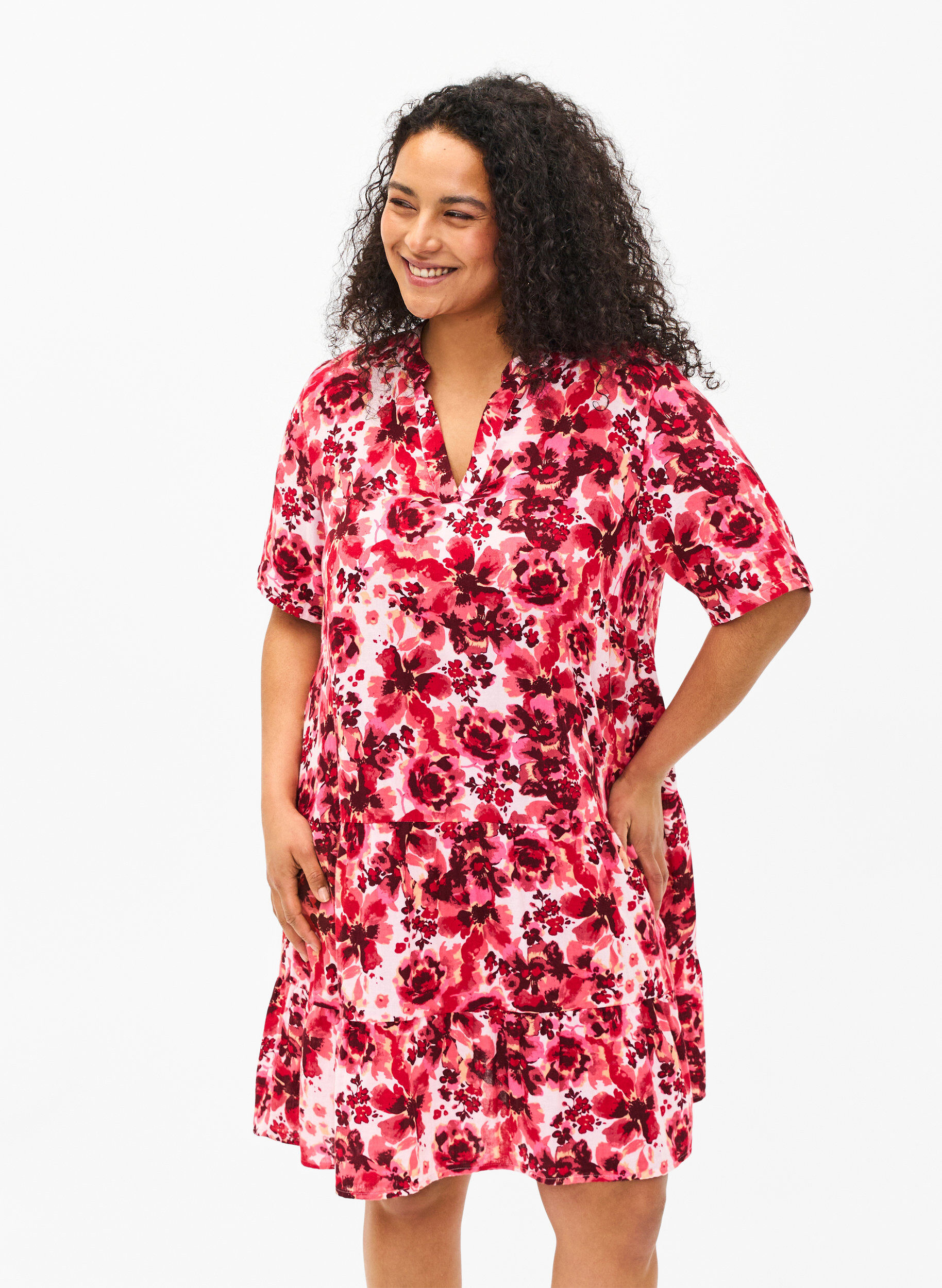 Zizzi Bomuldskjole med blomsterprint, Pink AOP Flower, Model image number 0