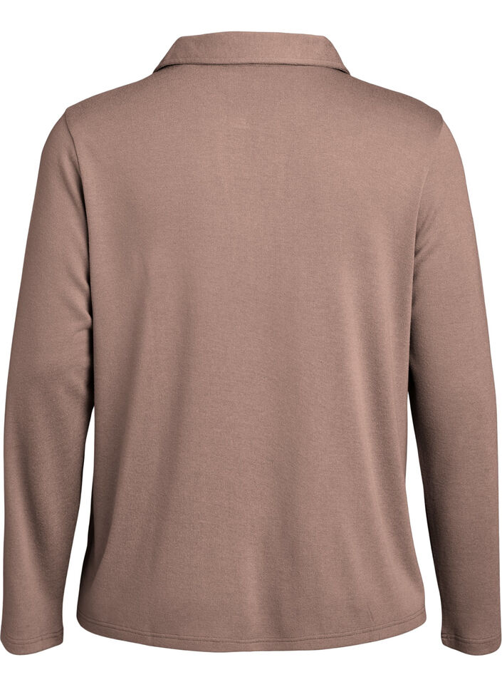 Lang&aelig;rmet jerseybluse med krave, Brun, Packshot image number 1