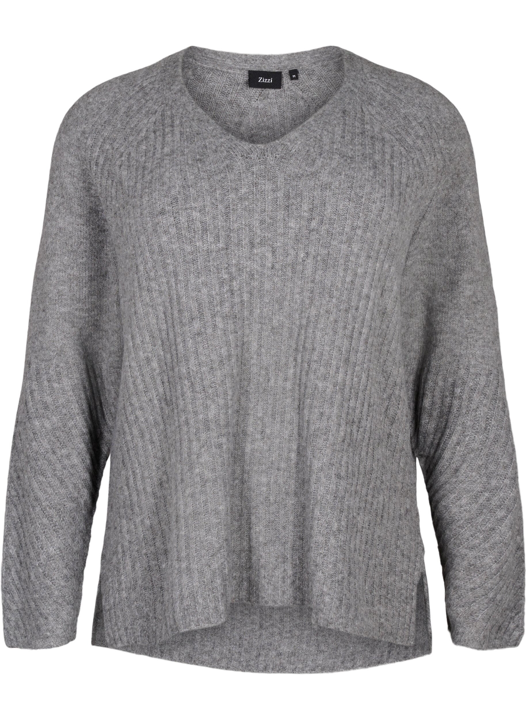 Zizzi Strikbluse med slids, Light Grey Melange, Packshot image number 0