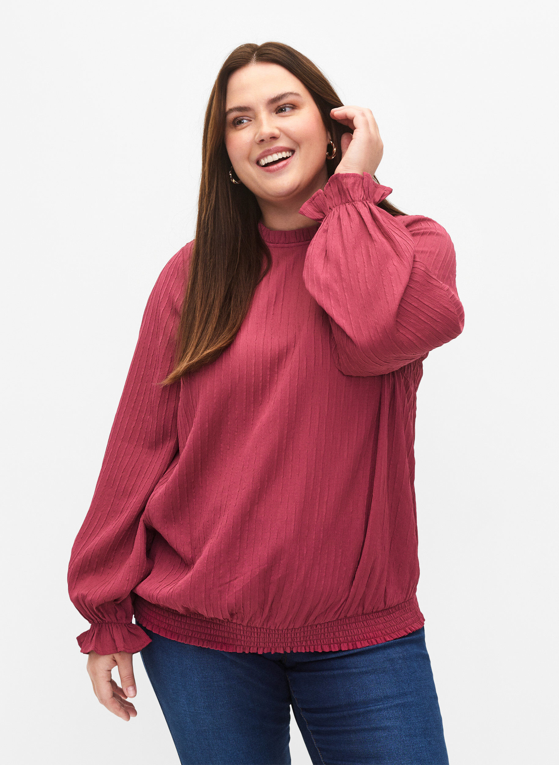 Zizzi Smockbluse med fl&aelig;ser og tekstur, Dry Rose, Model image number 0