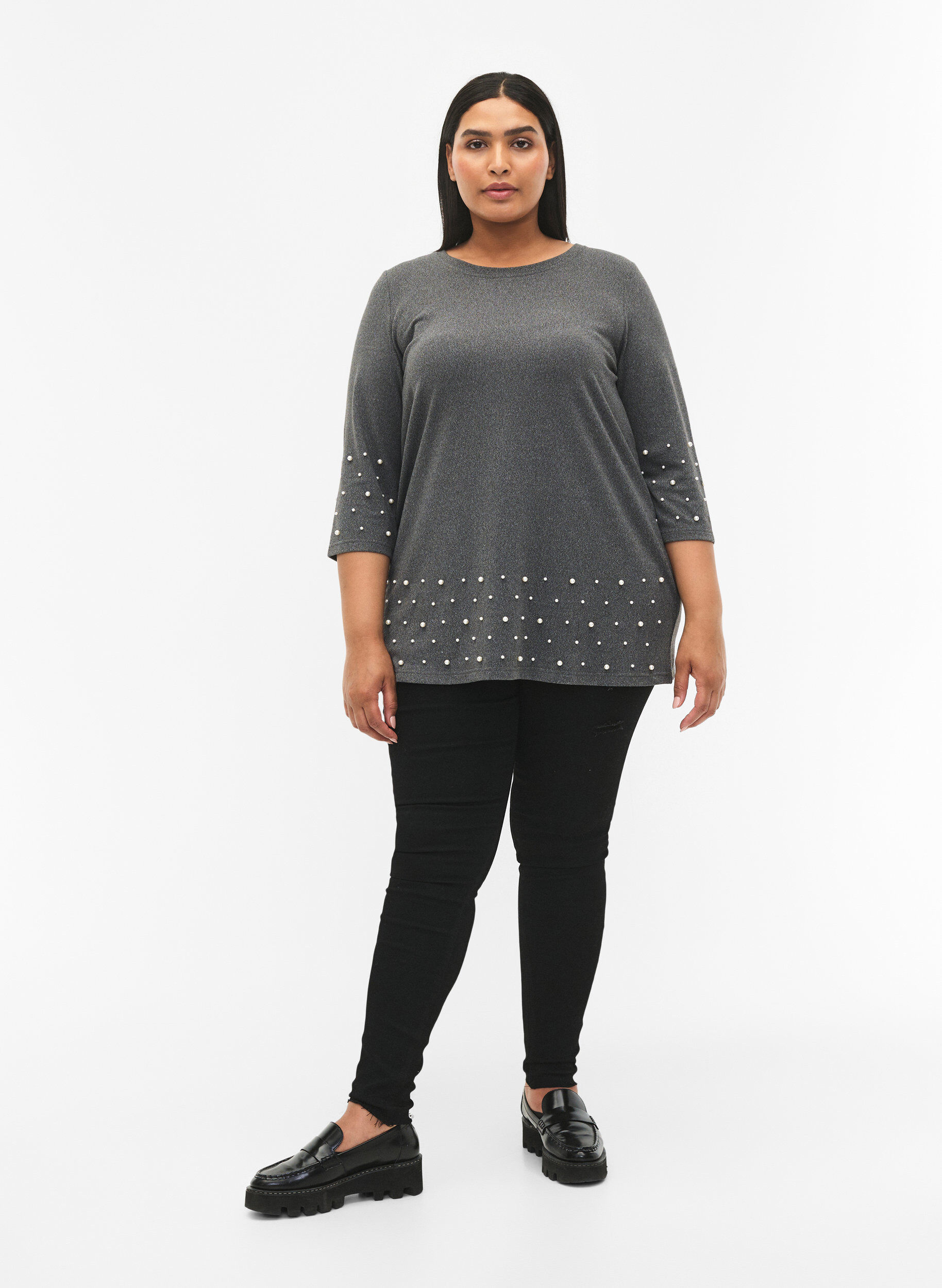 Zizzi Bluse med perler og 3/4 &aelig;rmer, Dark Grey Melange, Model image number 2