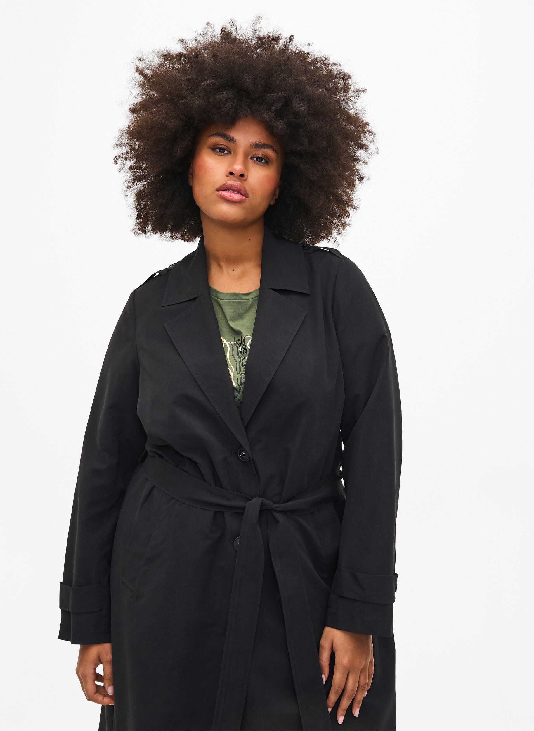 Zizzi Lang trenchcoat med b&aelig;lte, Black, Model image number 2