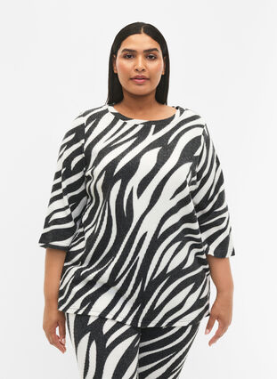 Bluse med 3/4 ærmer og zebramønster, White Zebra, Model image number 0
