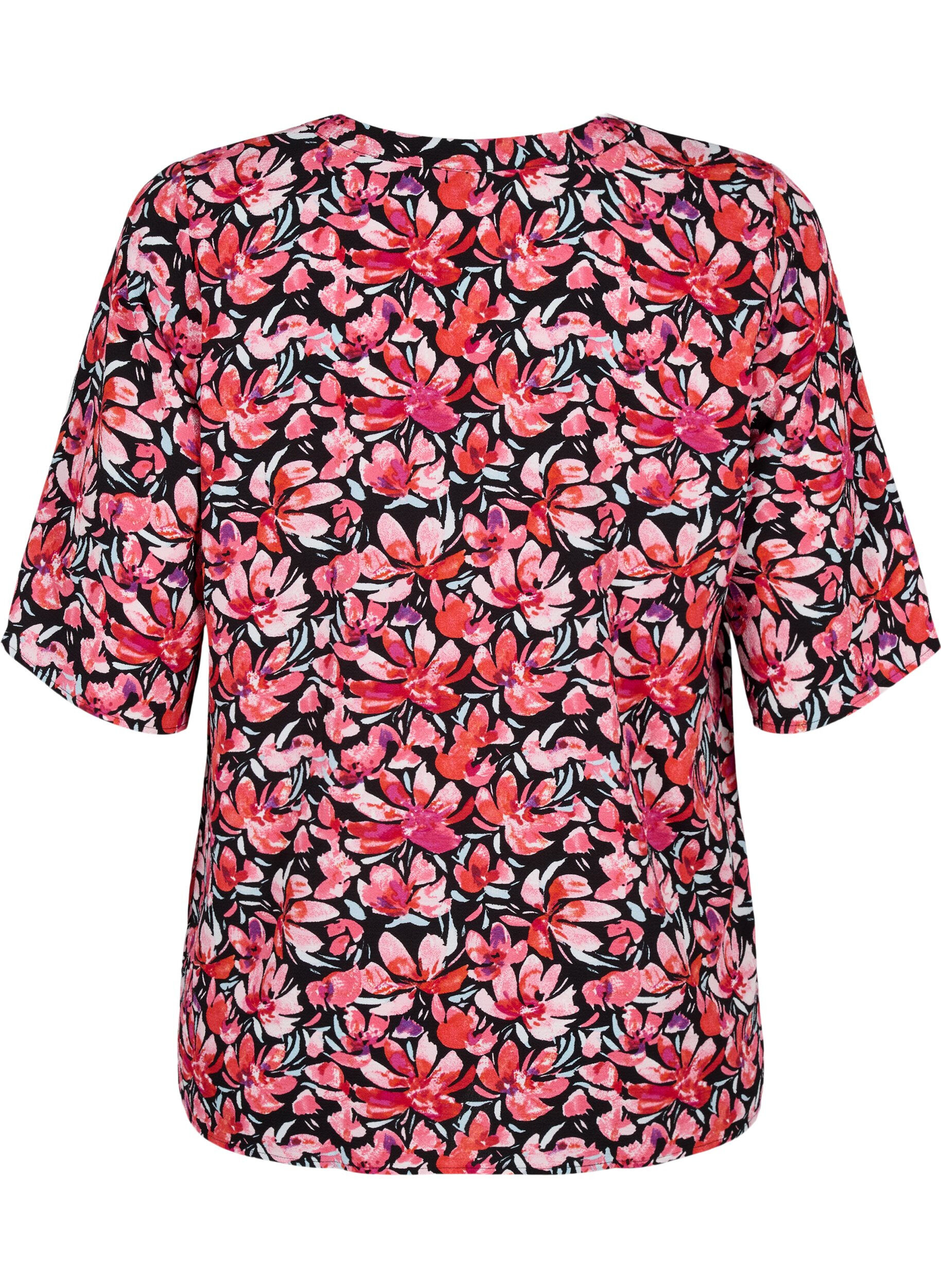 Zizzi V-hals bluse med blomsterprint, Black Flower AOP, Packshot image number 1