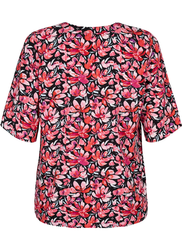 V-hals bluse med blomsterprint, Black Flower AOP, Packshot image number 1