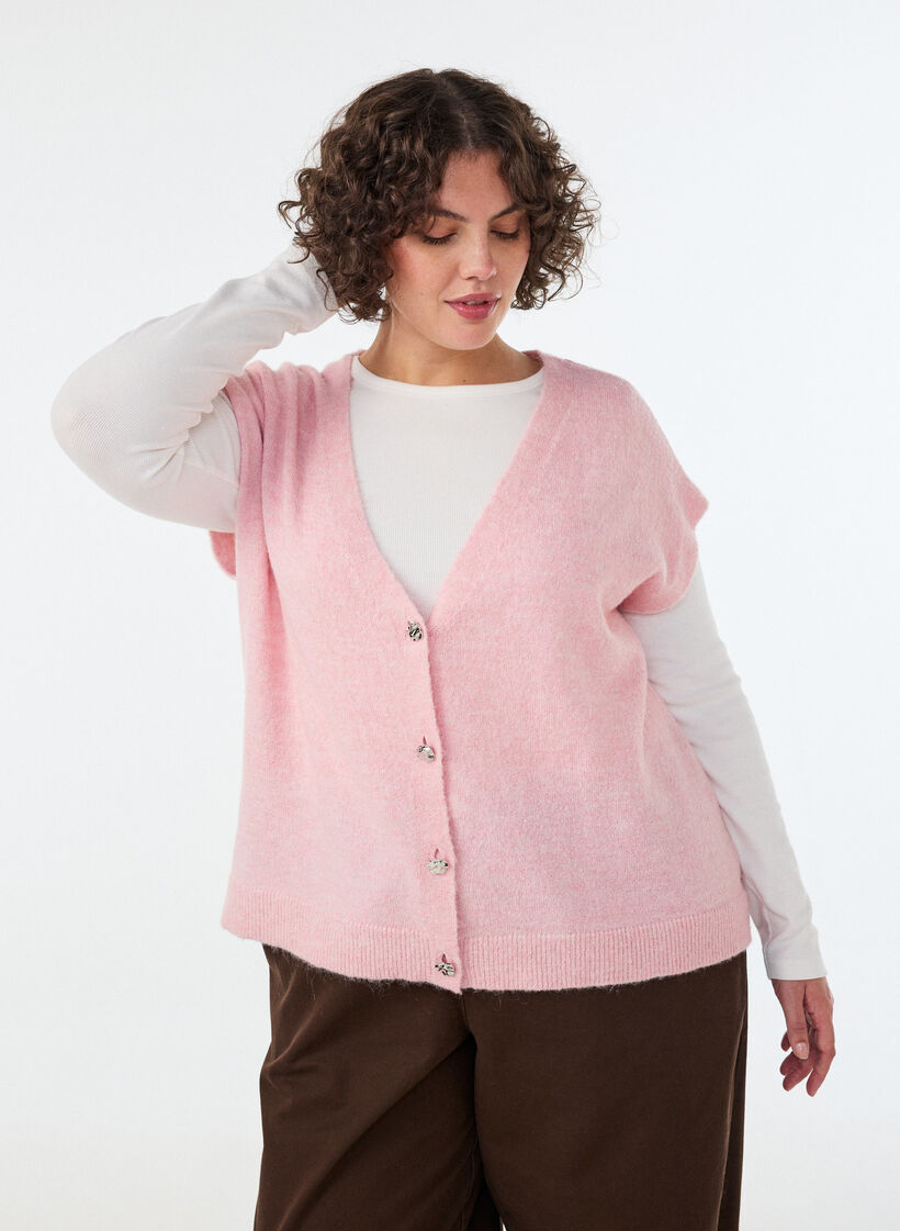 Strikvest med V-hals og dekorative knapper, Lyser&oslash;d, Model image number 0