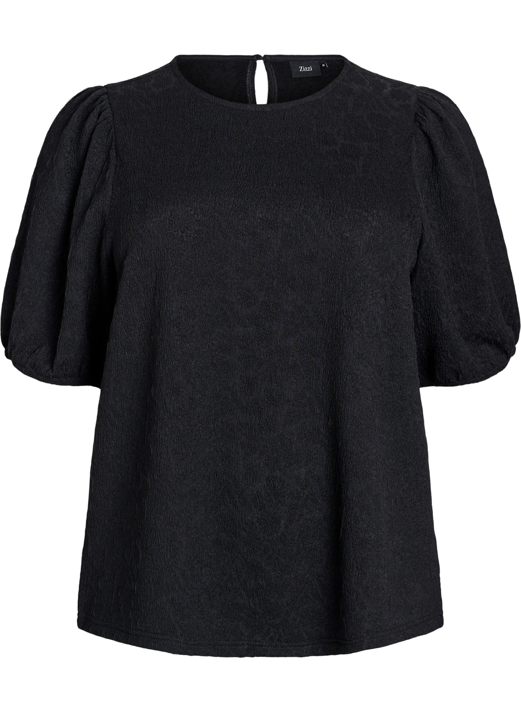 ZizziBluse med struktur og korte &aelig;rmer, Sort, Packshot image number 0