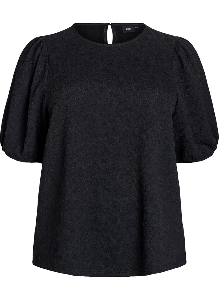 Bluse med struktur og korte &aelig;rmer, Sort, Packshot image number 0