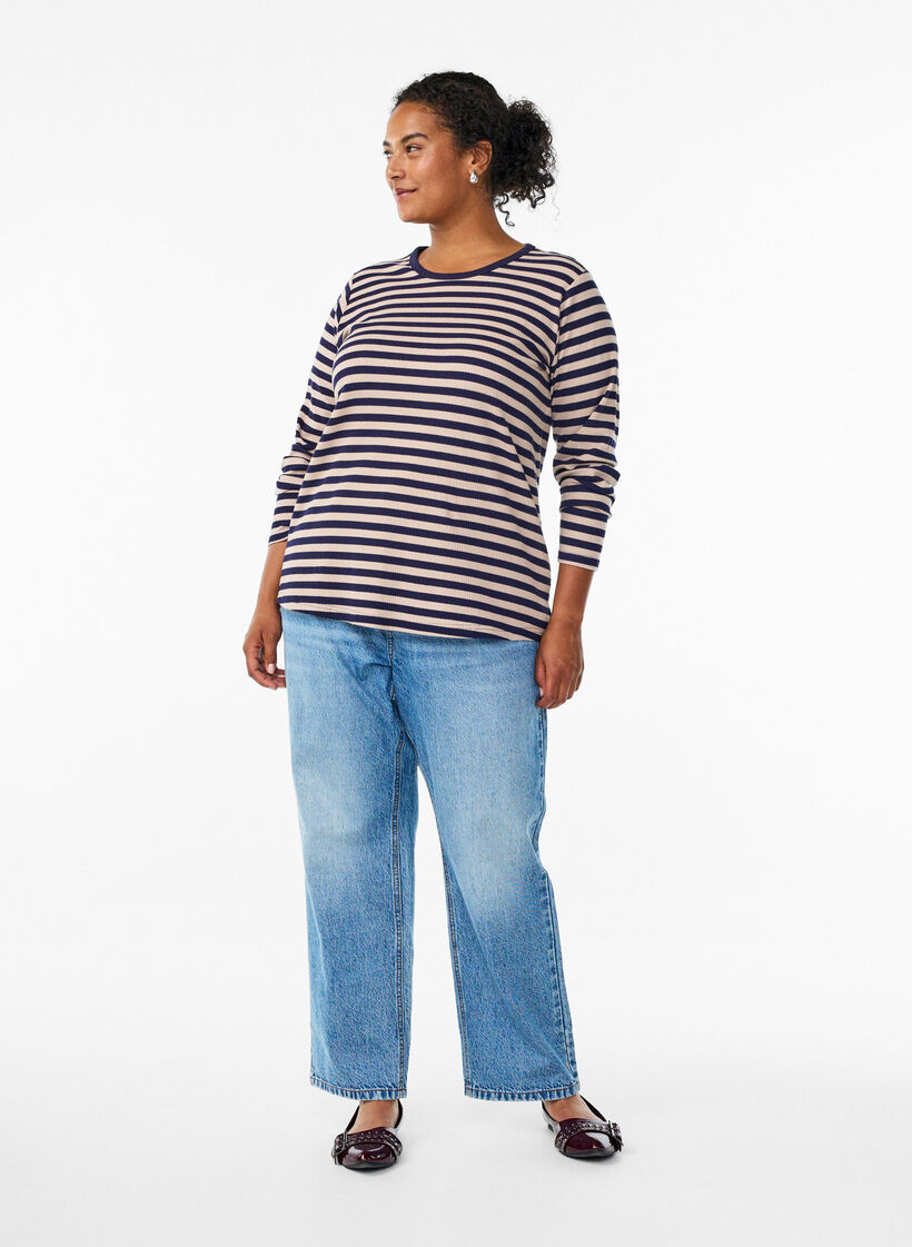 Stribet bluse med lange ærmer, Beige, Model image number 1