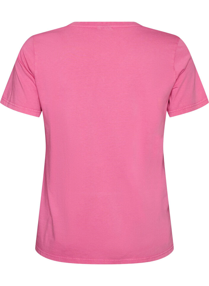 T-shirt i &oslash;kologisk bomuld med varsity-print og V-hals, Lyser&oslash;d, Packshot image number 1
