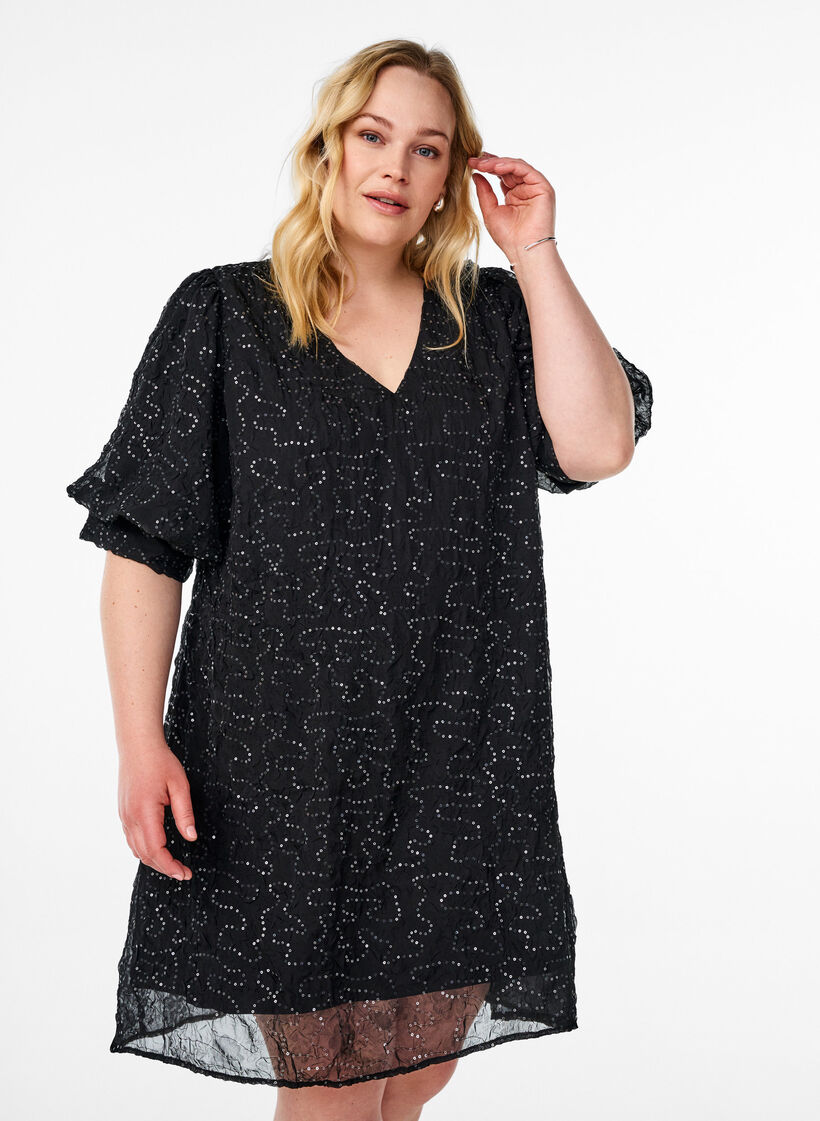 Kort festkjole med pailletter, Sort, Model image number 0