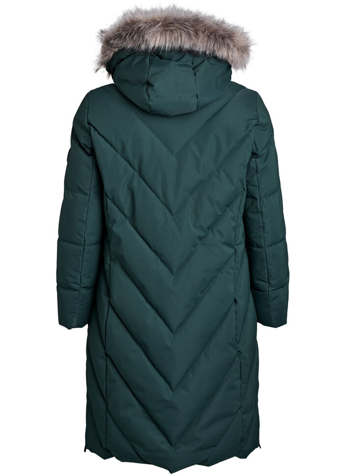 Lang vinterjakke med h&aelig;tte og imiteret pelskrave, Gr&oslash;n, Packshot image number 1