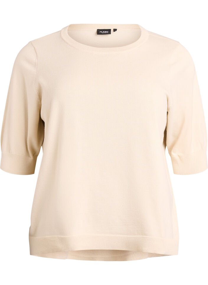 Finstrikket bluse med korte &aelig;rmer, Beige, Packshot image number 0