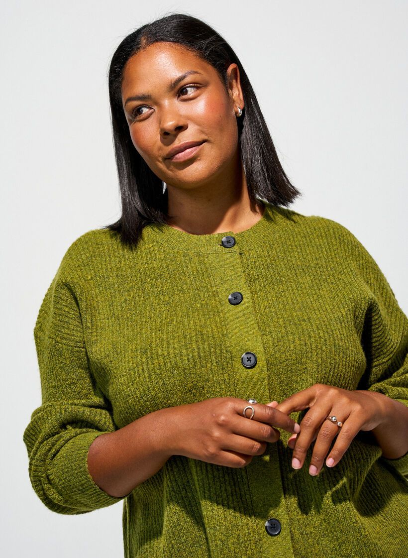 Ribstrikket cardigan med knapper, Gr&oslash;n, Model image number 3
