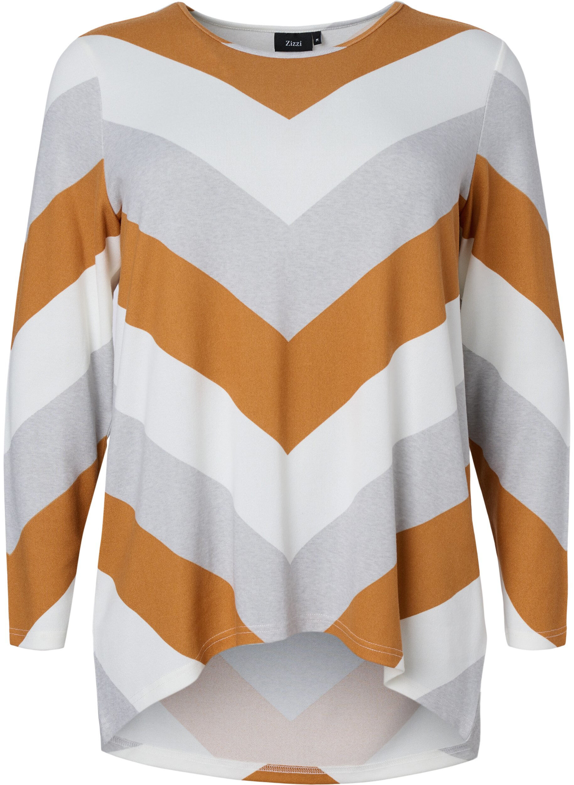 Zizzi M&oslash;nstret bluse med lange &aelig;rmer, Beige Zig Zag, Packshot image number 0