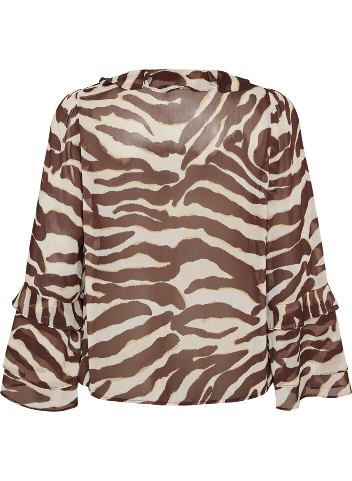 Chiffonbluse med zebram&oslash;nster og fl&aelig;ser, Brun, Packshot image number 1