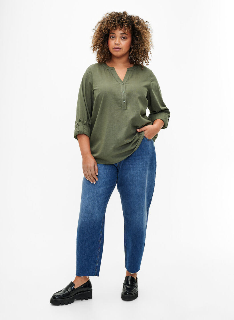 Skjortebluse i bomuld med v-udskæring, Thyme, Model image number 2