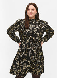 Langærmet kjole med flæser og folieprint, Black Foil AOP, Model