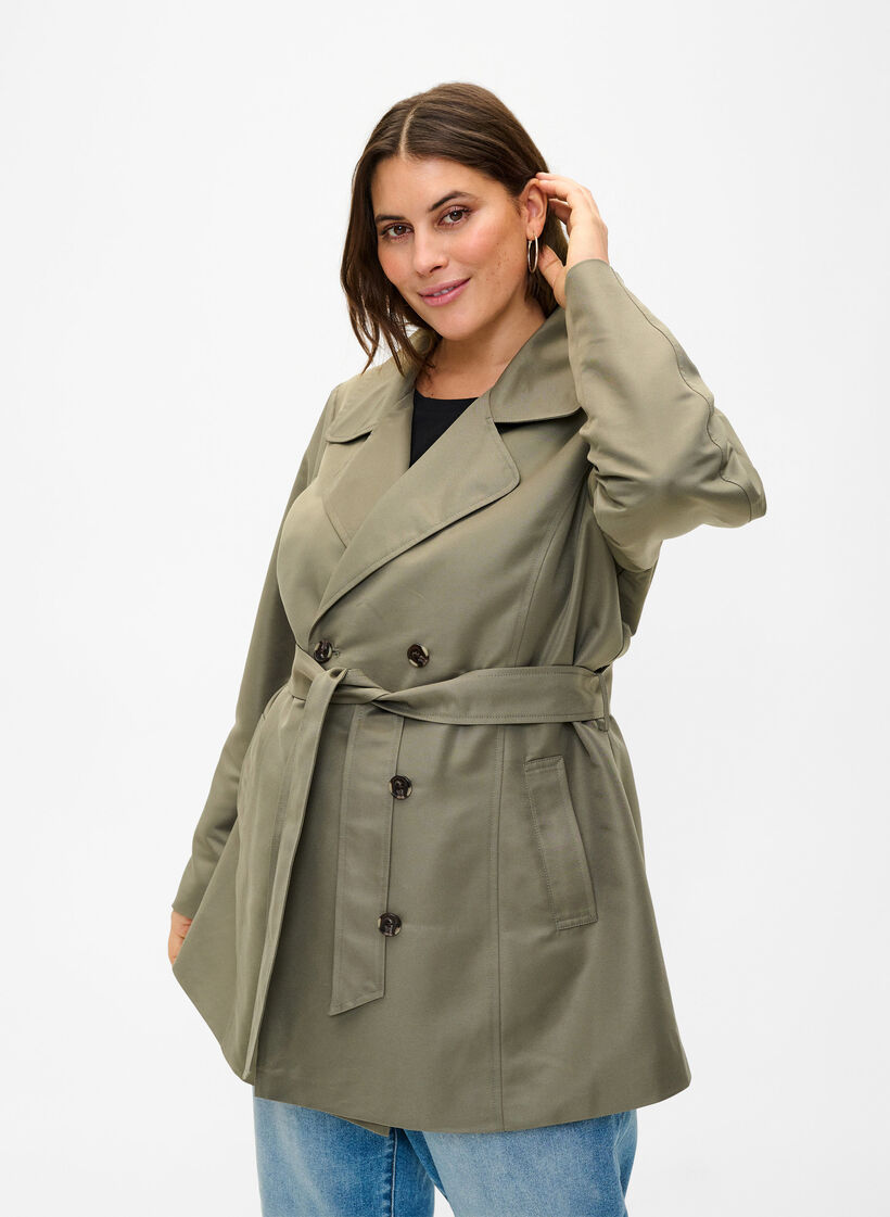Kort trenchcoat med bælte, Grøn, Model image number 0
