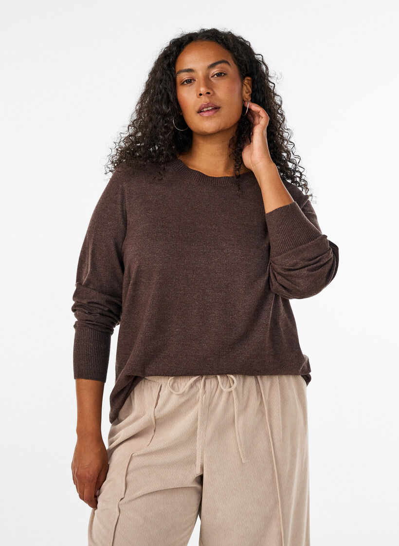 Strikbluse med rund hals, Brun, Model image number 0