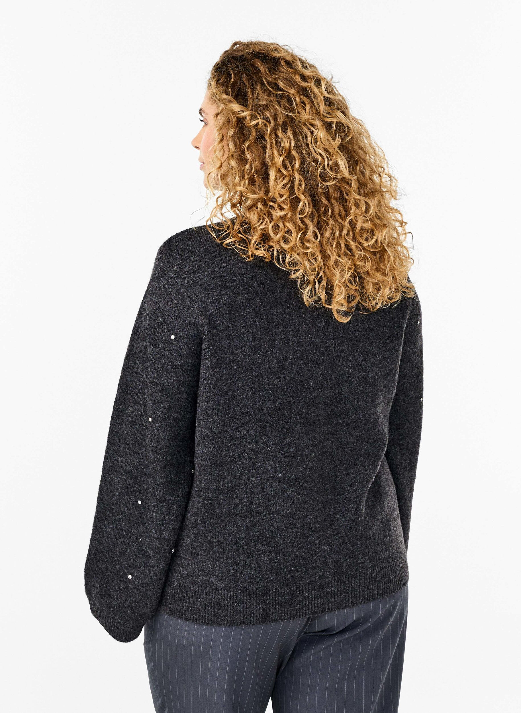 Zizzi Strikbluse med rhinsten og h&oslash;j hals, Dark Grey Melange, Model image number 1