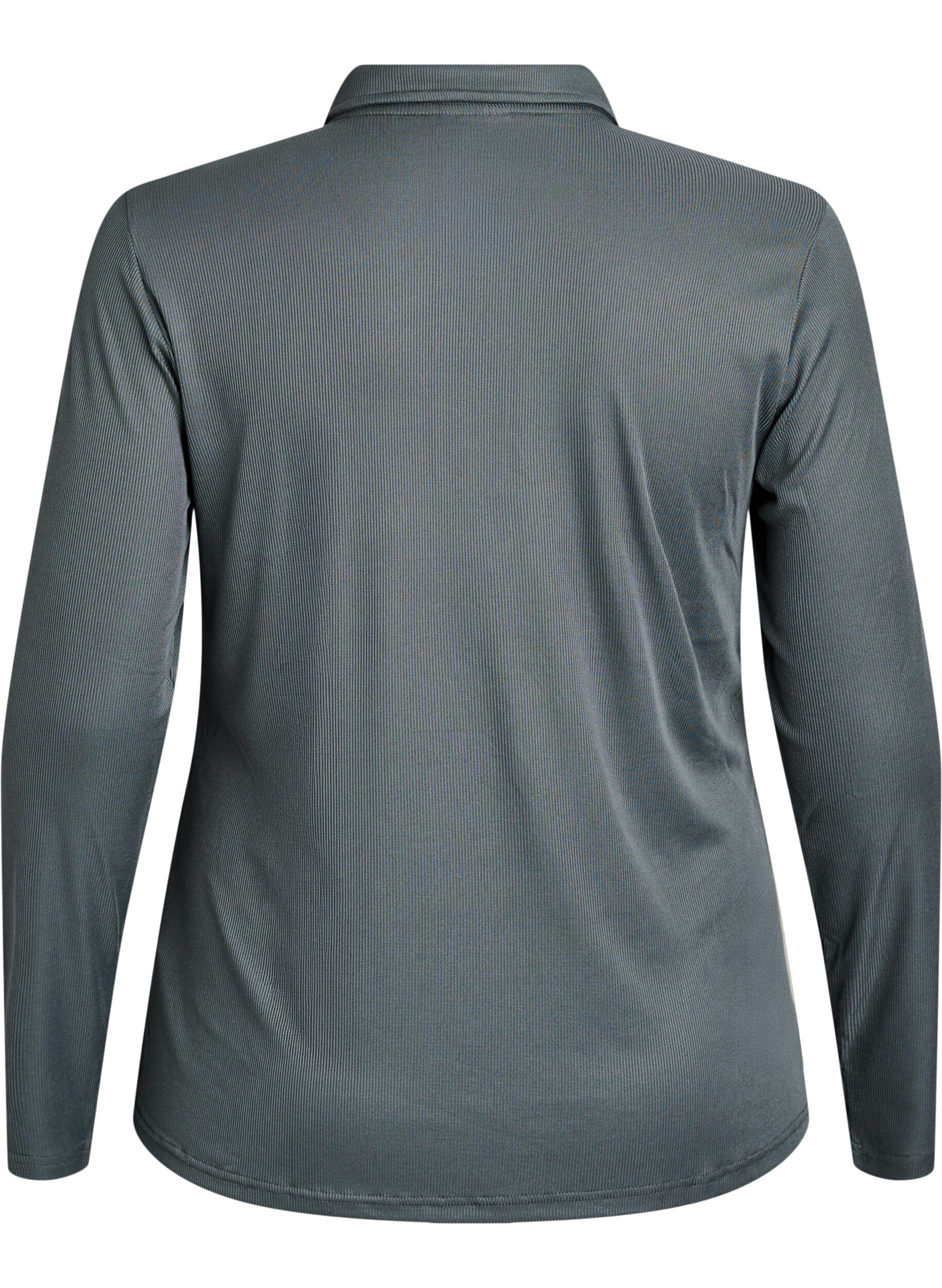 Zizzi Poloshirt i bl&oslash;d rib med lange &aelig;rmer, Gr&oslash;n, Packshot image number 1