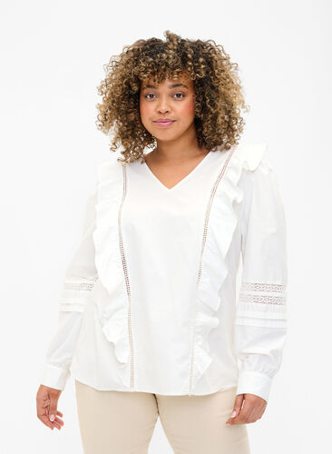 Bluse med flæser og blondebånd, Bright White, Model image number 0