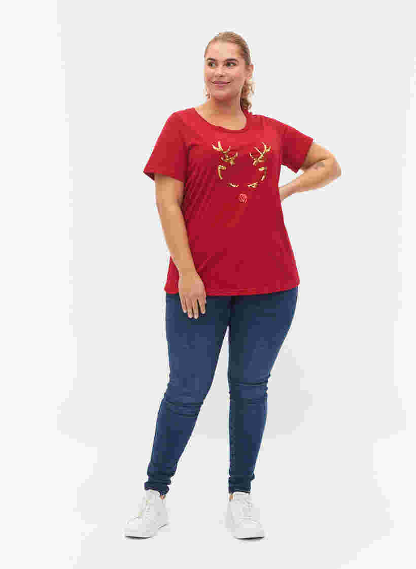 Jule t-shirt i bomuld, Tango Red Reindeer, Model image number 2