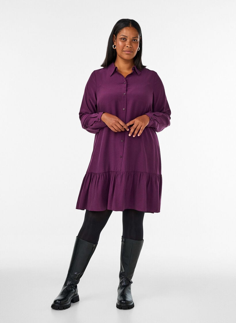 Kort skjortekjole med fl&aelig;selag, Lilla, Model image number 1