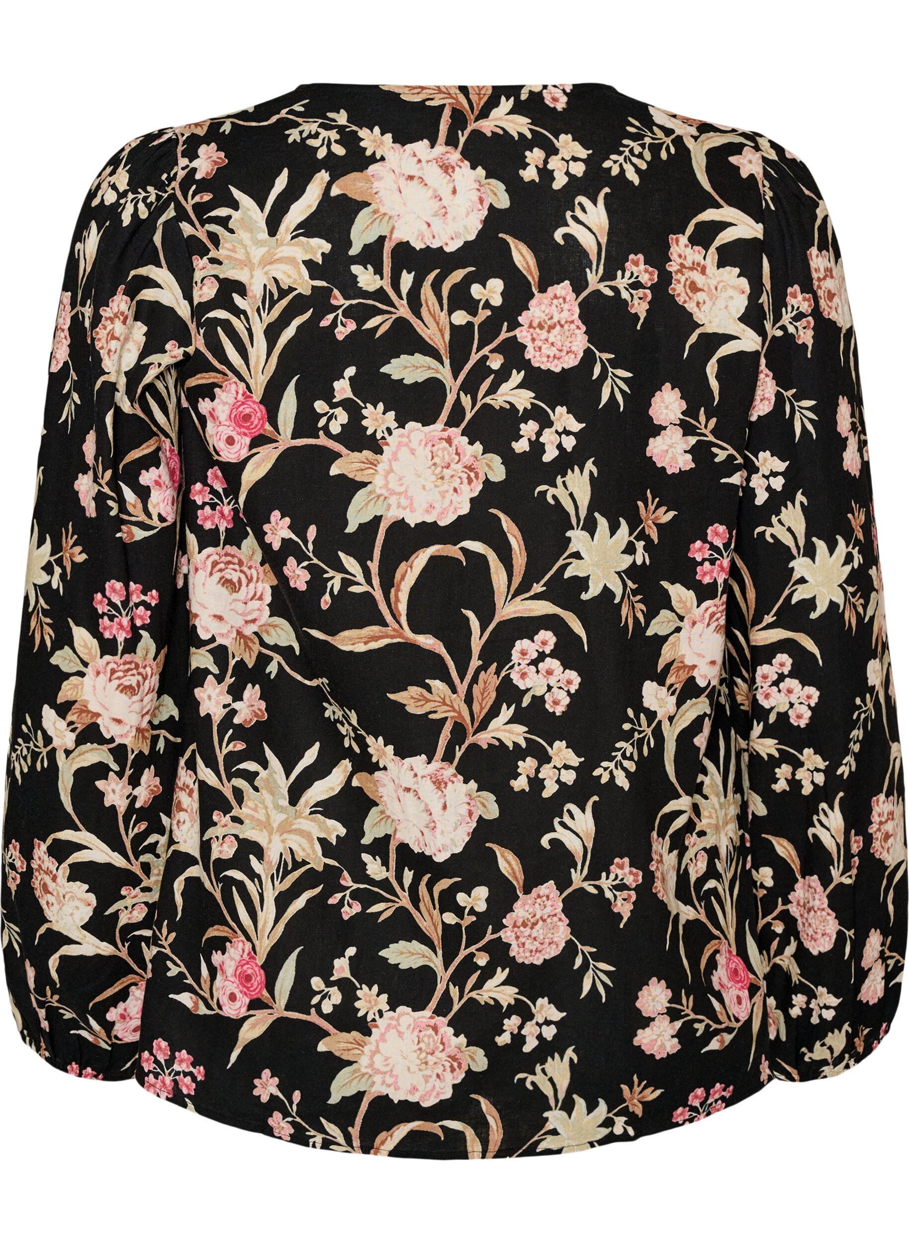 ZizziBlomstret bluse i h&oslash;r og viskose med lange &aelig;rmer, Sort, Packshot image number 1