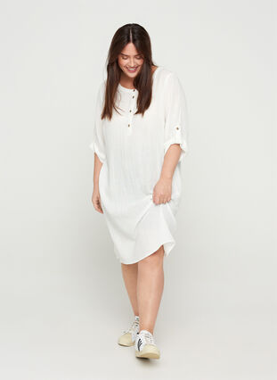 Bomulds kjole med knapper og 3/4 ærmer, Bright White, Model image number 0