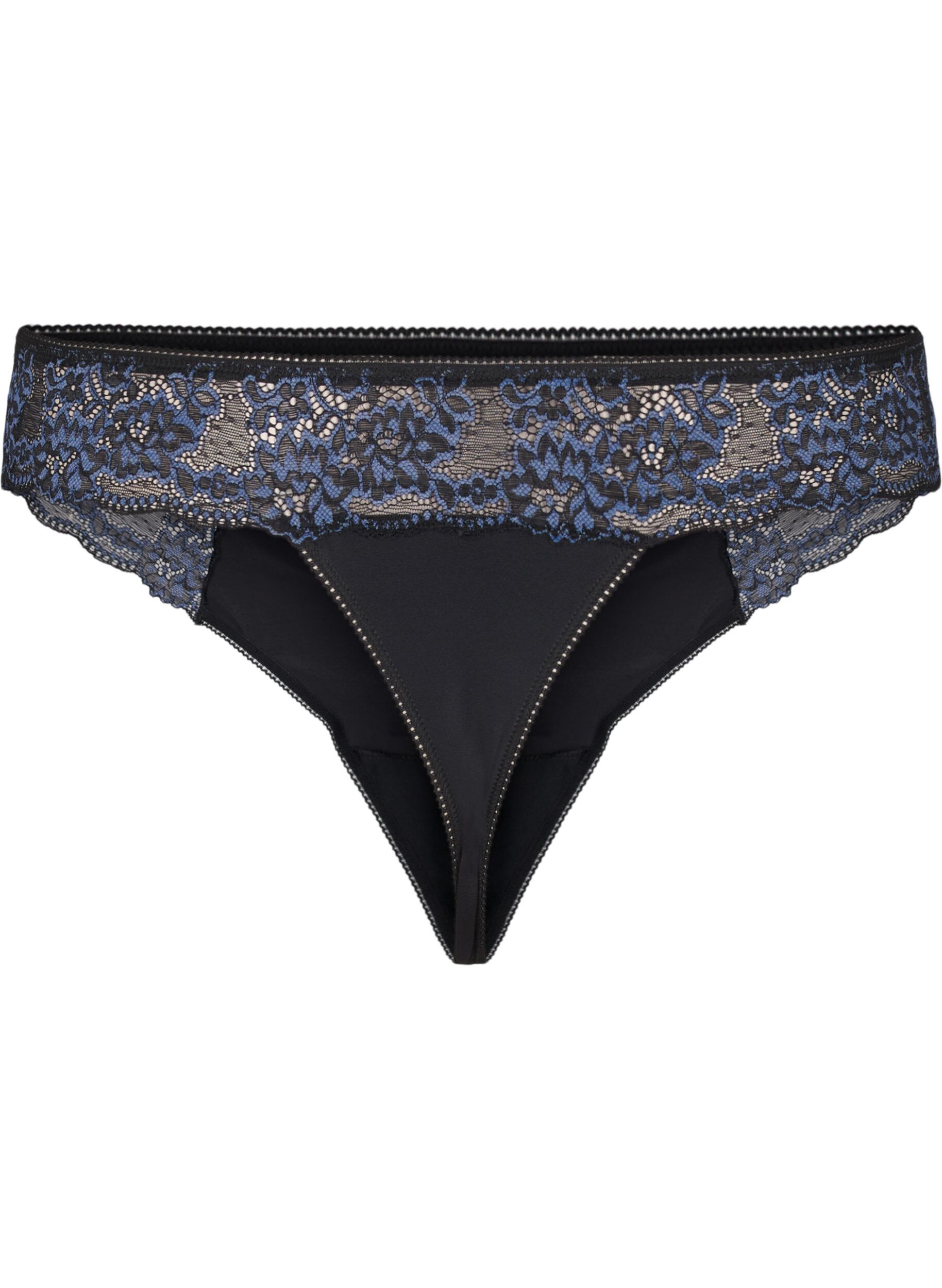 Zizzi G-streng i microfiber med blonder, Black w Blue, Packshot image number 1