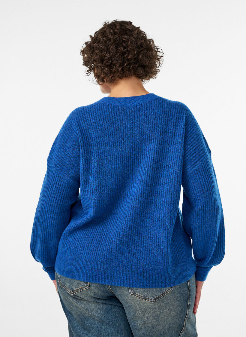 Ribstrikket cardigan med knapper, Bl&aring;, Model image number 2