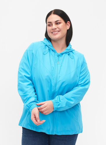 Kort jakke med hætte og justerbar bund, River Blue, Model image number 0