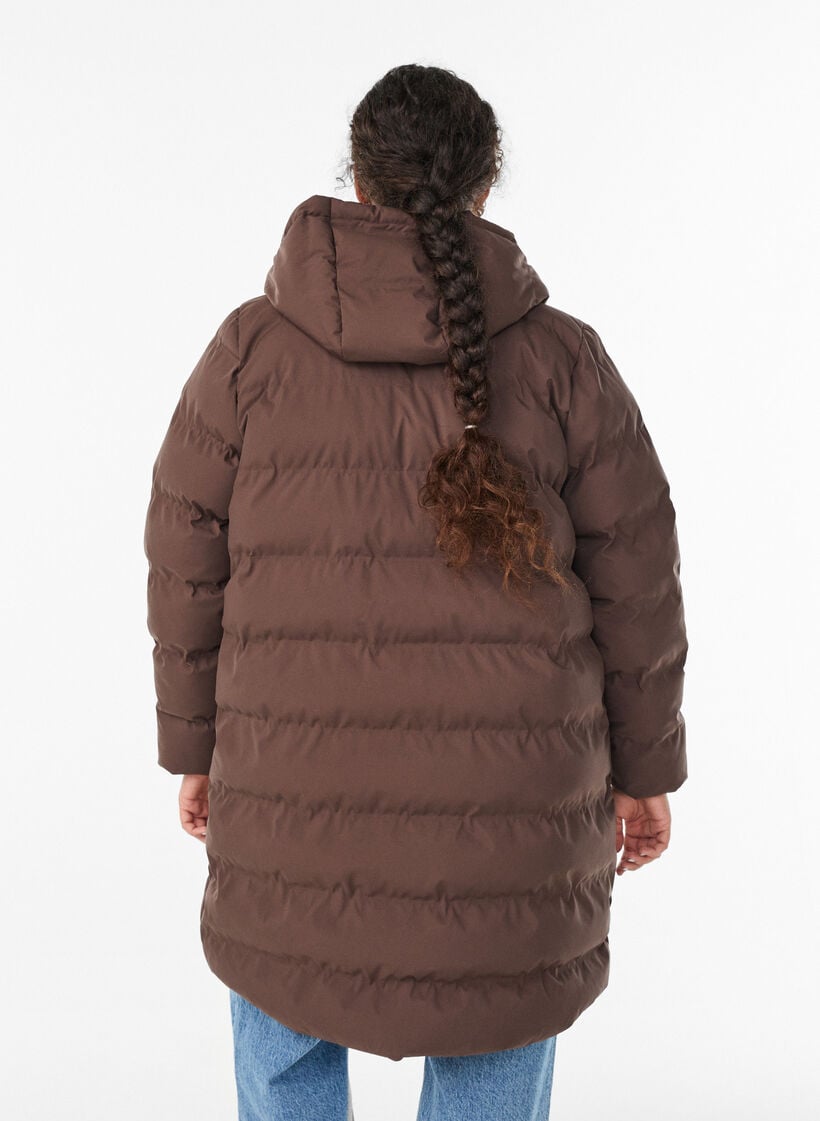Pufferfrakke med h&aelig;tte og lommer, Brun, Model image number 2