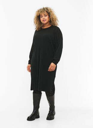 Oversize strikkjole med slids, Black, Model image number 0