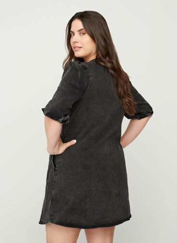 Kortærmet denim kjole med lynlås, Grey Denim ASS, Model image number 1