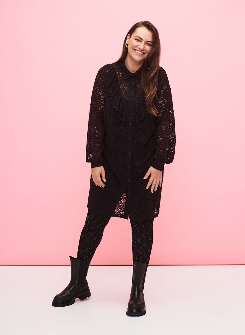 Blonde skjortekjole med flæser, Black, Model image number 2