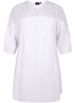 Kjole i bomuldsmix med hør og crochetdetalje, Bright White, Packshot image number 0
