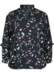 Bluse med print og flæsedetaljer, Sort
